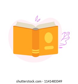 Turned back open book with view of yellow hardcover isolated on white background with decoration - literary object for education or reading leisure in flat vector illustration.