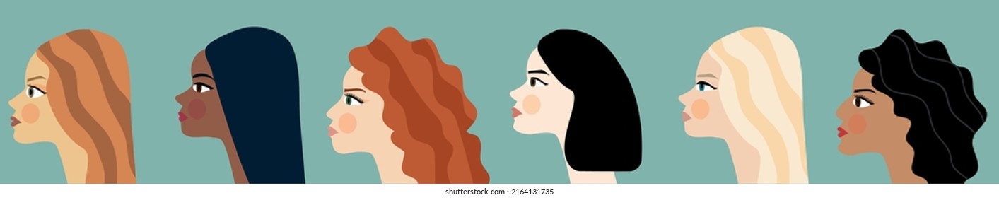 Turned faces from the side, the faces of women of girls of different nationalities, racial diversity, tolerance, beauty, fashion, equality. Black, white, Asian people. Redheads, blondes, brunettes set