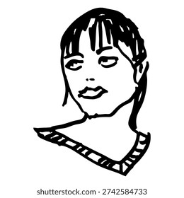 Turned head of a pretty young brunette girl with a v collar. Female portrait. Hand drawn linear doodle rough sketch. Black and white silhouette.