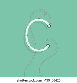 Turned off neon character C vector illustration. Neon lamp letter with wire.