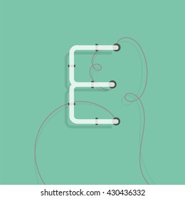 Turned off neon character E vector illustration. Neon lamp letter with wire.