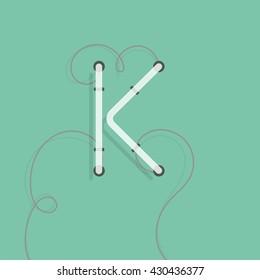 Turned off neon character K vector illustration. Neon lamp letter with wire.