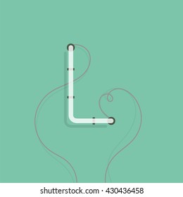 Turned off neon character L vector illustration. Neon lamp letter with wire.