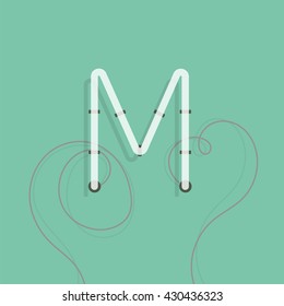 Turned off neon character M vector illustration. Neon lamp letter with wire.