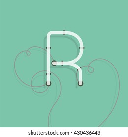 Turned off neon character R vector illustration. Neon lamp letter with wire.