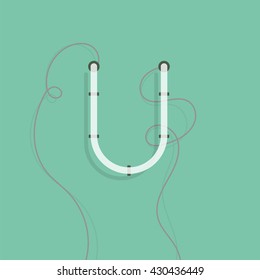 Turned off neon character U vector illustration. Neon lamp letter with wire.