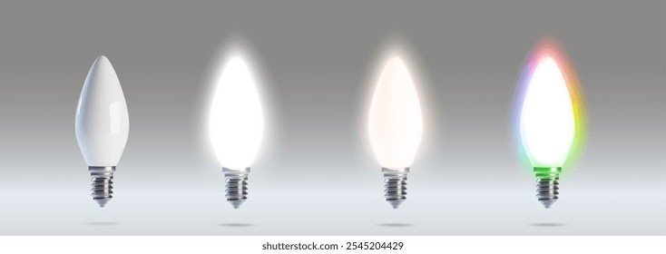 Desligado e ligado levou a coleção de lâmpadas com temperatura quente e fria e cor rgb da iluminação. Vetor 3d realista ilustração conjunto de modernos equipamentos de energia elétrica cfl econômico.