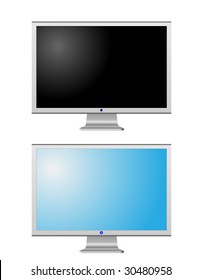 Turned off and turned on realistic LCD monitors isolated on white
