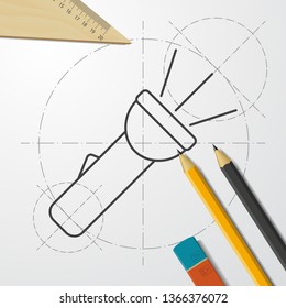 Turned on flashlight illustration. Searching flat vector icon