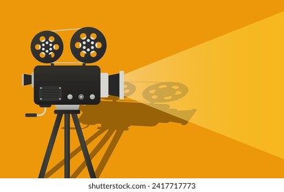 Turned on movie camera with shadow on a yellow background illustration. Video, shooting, photo, lens, director, action movie, cameraman. Vector icon for business and advertising
