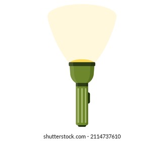 Encendido de la linterna portátil de bolsillo o de la batería de la lámpara eléctrica alimentada por la batería. Equipo turístico para camping y turismo. Concepto militar para el ejército, los soldados y la guerra. Dibujo vectorial aislado.