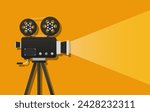 Turned on video camera with two rolls of tape, shadow in the background. Film, cinema, director, movie, set, tripod, equipment, lens, reel, projector, transparent light. Vector illustration