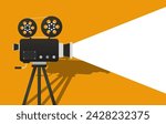 Turned on video camera with two rolls of tape, shadow in background. Film, cinema, director, movie, series, set, pavilion, tripod, equipment, lens, reel, projector, white light. Vector illustration