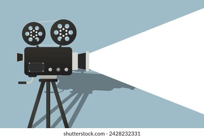 Turned on video camera with two rolls of tape, shadow in background. Film, cinema, director, movie, series, set, pavilion, tripod, equipment, lens, reel, projector, white light. Vector illustration