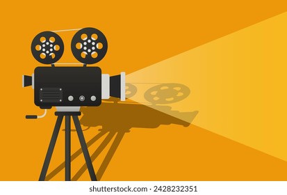 Turned on video camera with two rolls of tape, shadow in the background. Film, cinema, director, movie, set, tripod, equipment, lens, reel, projector, transparent light. Vector illustration