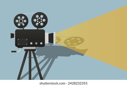 Turned on video camera with two rolls of tape, shadow in the background. Film, cinema, director, movie, set, tripod, equipment, lens, reel, projector, transparent light. Vector illustration
