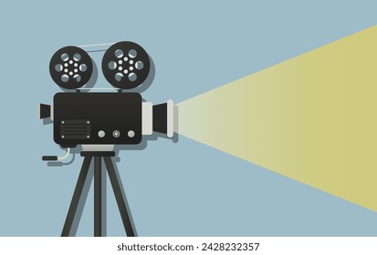 Turned on video camera with two rolls of tape, shadow in the background. Film, cinema, director, movie, set, tripod, equipment, lens, reel, projector, transparent light. Vector illustration