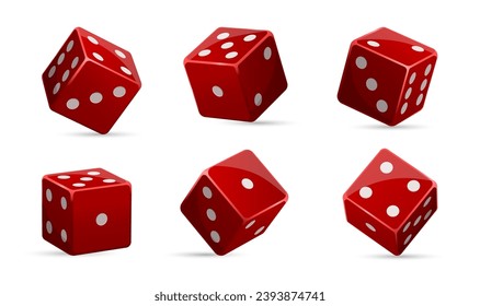 Turned vegas casino red dice in row. One to six position cube. Take chance. Gambling addiction, risky money, lucky game. Concept of playing via cash. Isolated on white background. Vector illustration