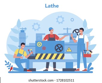 Turner or lathe concept. Factory worker using turning machine to make metal detail. Metalworking and industrial manufacturing. Isolated flat vector illustration