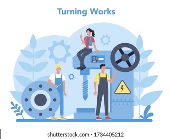 Turner or lathe concept. Factory worker using turning machine to make metal detail. Metalworking and industrial manufacturing. Isolated flat vector illustration
