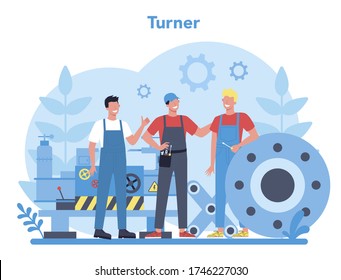 Turner or lathe concept. Factory worker using turning machine to make metal detail. Metalworking and industrial manufacturing. Isolated flat vector illustration