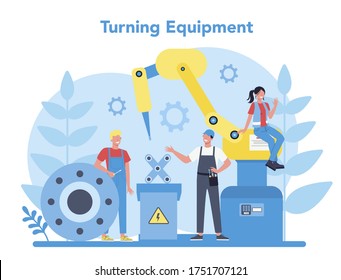 Turner or lathe concept. Factory worker using turning machine to make metal detail. Metalworking and industrial manufacturing. Isolated flat vector illustration