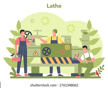 Turner or lathe concept. Factory worker using turning machine to make metal detail. Metalworking and industrial manufacturing. Isolated flat vector illustration