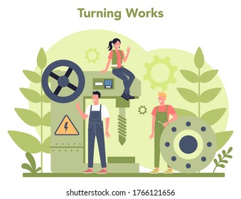 Turner or lathe concept. Factory worker using turning machine to make metal detail. Metalworking and industrial manufacturing. Isolated flat vector illustration
