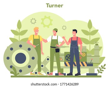 Turner or lathe concept. Factory worker using turning machine to make metal detail. Metalworking and industrial manufacturing. Isolated flat vector illustration