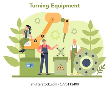 Turner or lathe concept. Factory worker using turning machine to make metal detail. Metalworking and industrial manufacturing. Isolated flat vector illustration