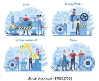 Turner oder lathe concept set. Fabrikarbeiter, die Drehmaschine verwenden, um Metalldetails zu machen. Metallverarbeitung und industrielle Fertigung. Einzelne flache Vektorillustration