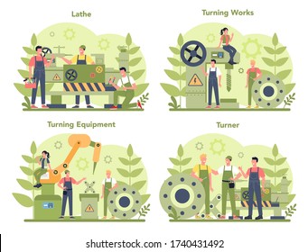 Turner or lathe concept set. Factory worker using turning machine to make metal detail. Metalworking and industrial manufacturing. Isolated flat vector illustration