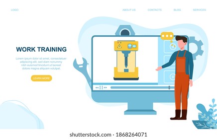 Turner or lathe online service. Concept of online platform for factory worker to learn from tutorials using turning machine. Metalworking and industrial manufacturing. Website, web page template