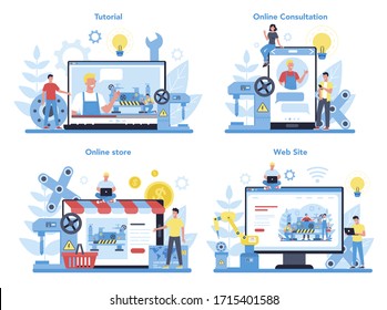 Turner or lathe online service or platform concept set. Factory worker using turning machine to make metal detail. Metalworking and industrial manufacturing. Isolated flat vector illustration