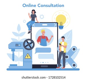 Turner or lathe online service or platform concept. Online consultation. Factory worker using turning machine to make metal detail. Metalworking and industrial manufacturing. Vector illustration