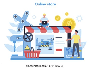 Turner or lathe online service or platform. Online store. Factory worker using turning machine to make metal detail. Metalworking and industrial manufacturing. Isolated flat vector illustration