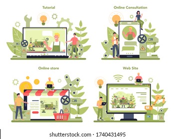 Turner or lathe online service or platform concept set. Factory worker using turning machine to make metal detail. Metalworking and industrial manufacturing. Isolated flat vector illustration