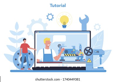 Turner or lathe online service or platform concept. Tutorial. Factory worker using turning machine to make metal detail. Metalworking and industrial manufacturing. Isolated flat vector illustration