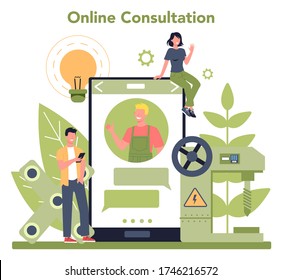 Turner or lathe online service or platform concept. Online consultation. Factory worker using turning machine to make metal detail. Metalworking and industrial manufacturing. Vector illustration