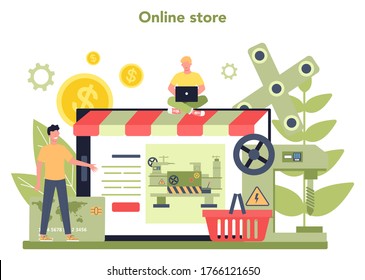 Turner or lathe online service or platform. Online store. Factory worker using turning machine to make metal detail. Metalworking and industrial manufacturing. Isolated flat vector illustration