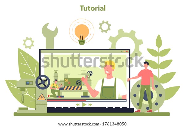 Turner or lathe online service or platform\
concept. Tutorial. Factory worker using turning machine to make\
metal detail. Metalworking and industrial manufacturing. Isolated\
flat vector\
illustration
