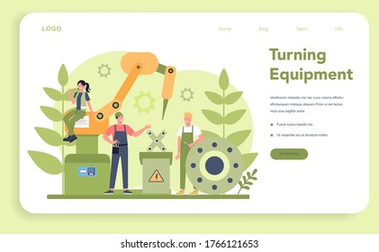 Turner or lathe web banner or landing page. Factory worker using turning machine to make metal detail. Metalworking and industrial manufacturing. Isolated flat vector illustration