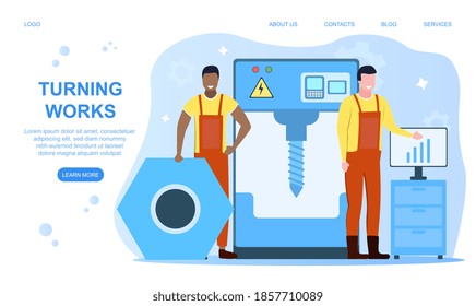 Turner or lathe web banner or landing page. Factory worker using turning machine to make metal detail. Metalworking and industrial manufacturing. Isolated cartoon flat vector illustration