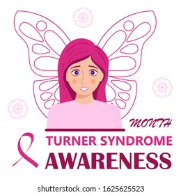 Turner Syndrome awareness month is celebrated in February. Smiling girl and pink butterfly behind her on white background are shown. Text is believe in miracles. Pink ribbon on thr healthcare vector.