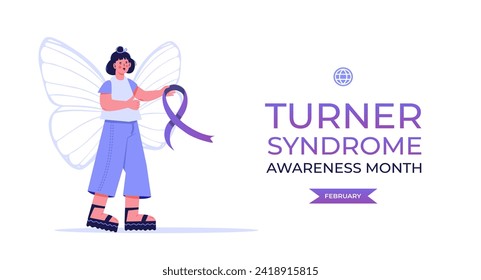 Turner syndrome awareness month. February. Girl with butterfly wings and purple ribbon. Flat vector.