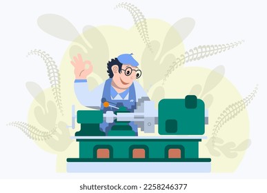 Turner at work. A smiling cartoon character in glasses and overalls processes a detail on a lathe on a light art background. Vector.