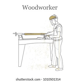 Turner works behind a lathe. Outline vector illustration.