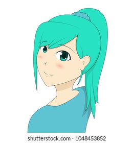 Turning back cyan hair anime (manga) girl in blue t-shirt.