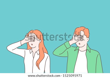 Turning blind eye cartoon concept. Woman and man closing eyes with palm gesture, looking through fingers, people refusing to watch, peeking, avoiding seeing evident facts. Simple flat vector