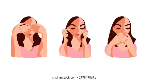 Turning blind eye, ears and mouth cartoon concept. Young woman refusing to watch, hear or speak, avoiding knowing evident facts. Flat Art Vector Illustration